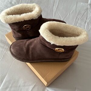 Michael Kors Chocolate Suede Booties with Ivory Fur